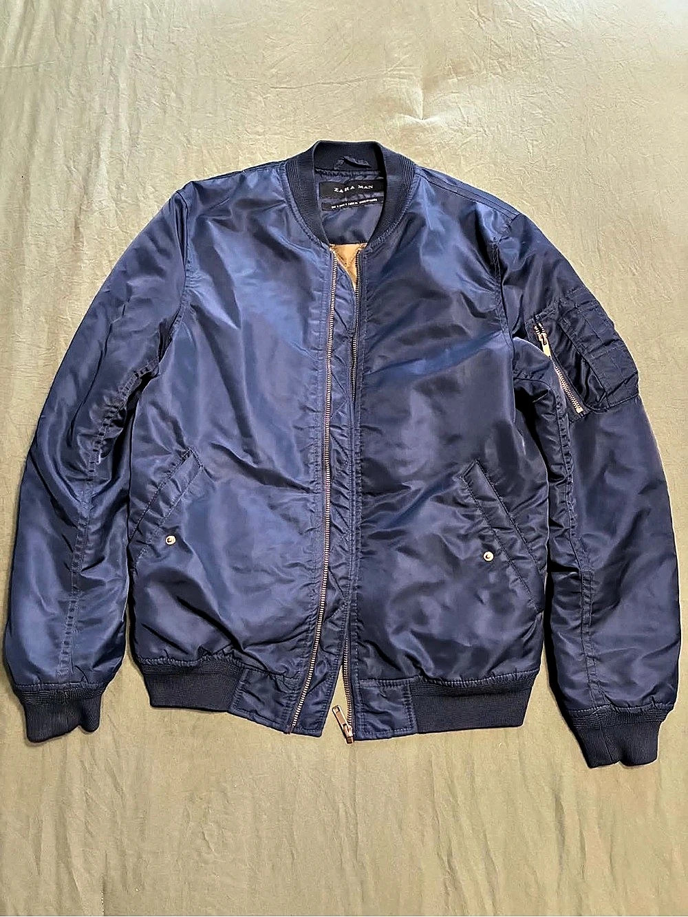 Zara Man Explore New Ways Slogan Bomber Jacket Blue Small